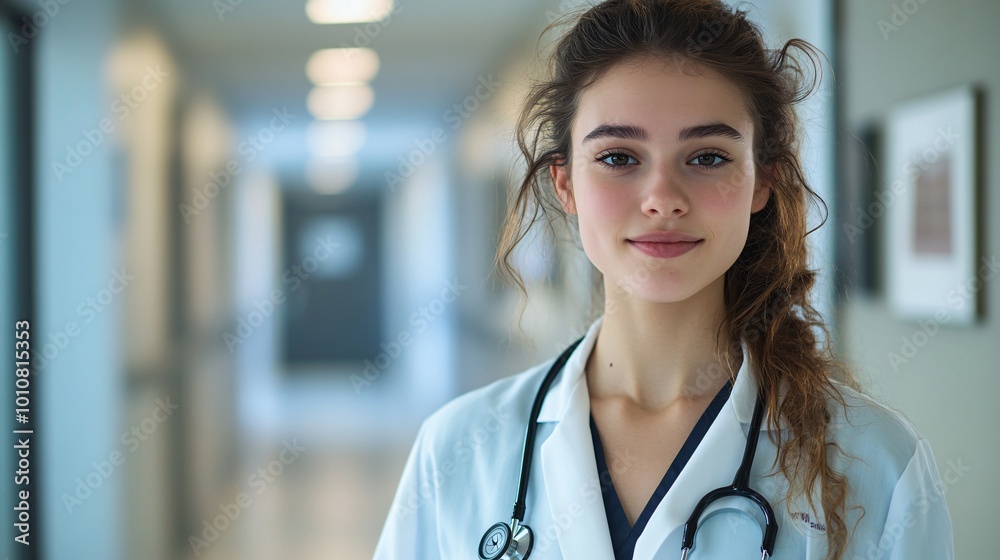 A medium portrait shot of a young doctor standing confidently in a hospital hallway, wearing a white lab coat A medium portrait shot of a young doctor standing confidently in a hospital hallway, wearing a white lab coat