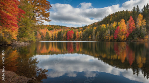 Beautiful autumn forest reflecting perfectly in the calm lake with clear blue sky and fluffy clouds.