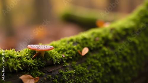 Tiny mushroom on mossy surface with fallen leaf in autumn