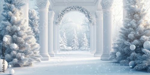 Enchanting Snowy Landscape with Majestic Columns and Frosted Trees