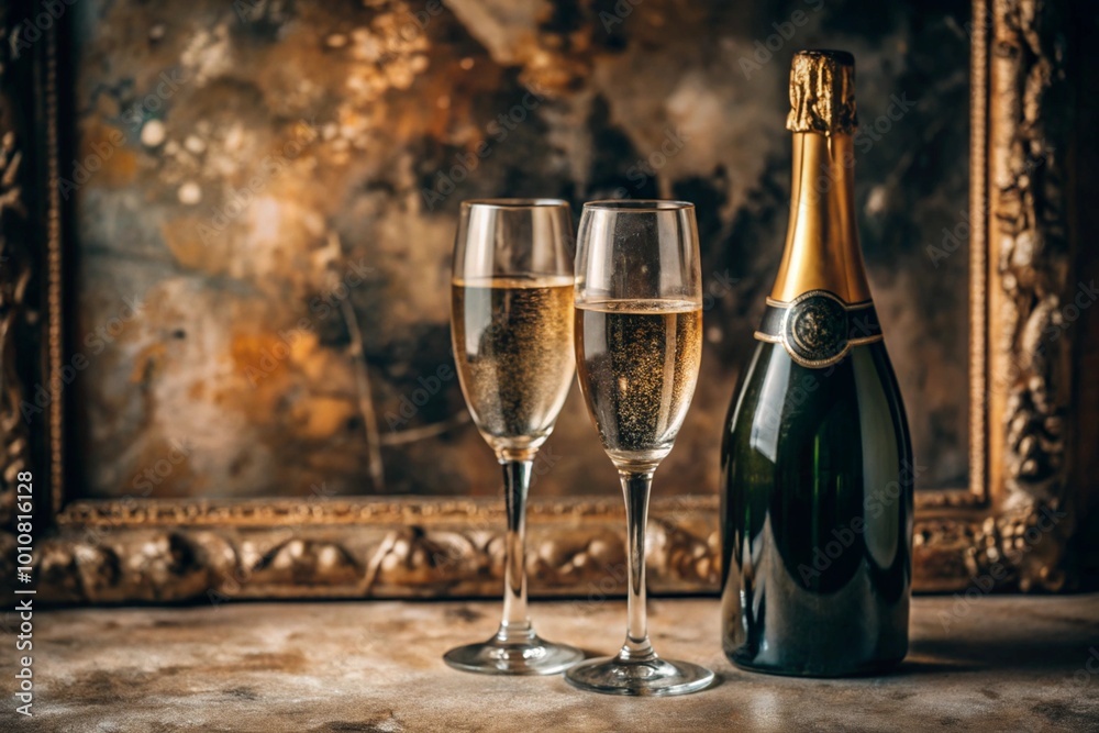 A banner for Christmas, New Year holidays and for romantic relationships. Two glasses and a bottle of champagne on a worn retro background. Grunge. A banner for Christmas, New Year holidays and for romantic relationships. Two glasses and a bottle of champagne on a worn retro background. Grunge.