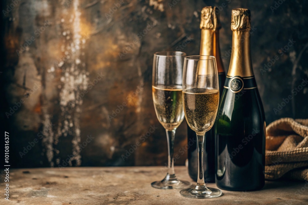 A banner for Christmas, New Year holidays and for romantic relationships. Two glasses and a bottle of champagne on a worn retro background. Grunge. A banner for Christmas, New Year holidays and for romantic relationships. Two glasses and a bottle of champagne on a worn retro background. Grunge.