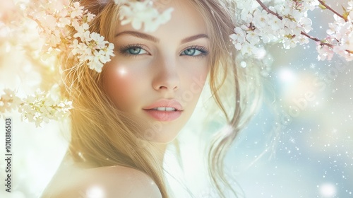 A young woman with mesmerizing eyes amidst a dreamy cherry blossom background in spring