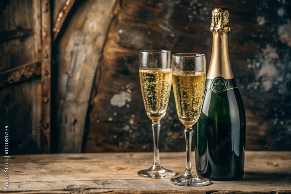 A banner for Christmas, New Year holidays and for romantic relationships. Two glasses and a bottle of champagne on a worn retro background. Grunge. A banner for Christmas, New Year holidays and for romantic relationships. Two glasses and a bottle of champagne on a worn retro background. Grunge.