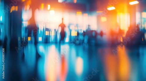 A blurred gym scene with individuals exercising and vibrant lighting effects.