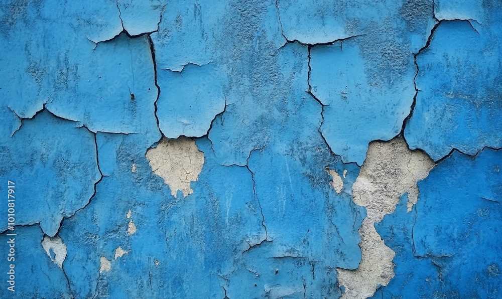 Obraz premium A blue wall with a lot of cracks and holes