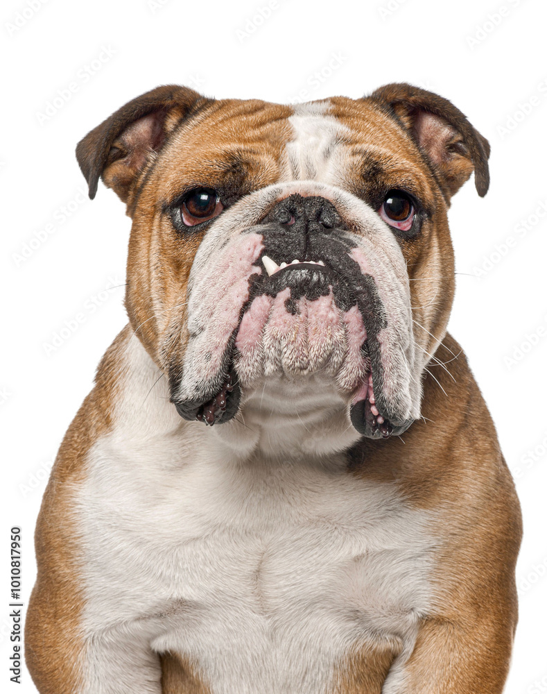 Obraz premium Head shot of English Bulldog, 5 years old, looking at the camerashowing a tooth, Cut out, remastered