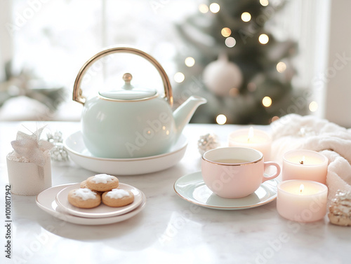 A delicate pastel tea set on a cozy table with a Christmas tree in the background, surrounded by soft candlelight, holiday cookies, and twinkling lights, creating a feminine.