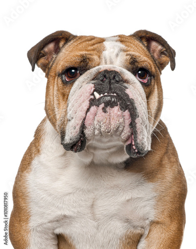 Head shot of English Bulldog, 5 years old, looking at the camerashowing a tooth, Cut out, remastered