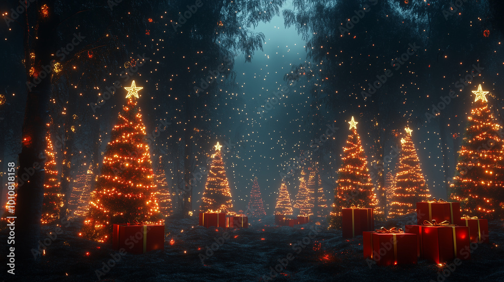 Obraz premium Illuminated christmas trees with red and golden garlands into a forest with snowy flakes with shape of stars close to xmas gifts in red boxes , Generative AI illustration