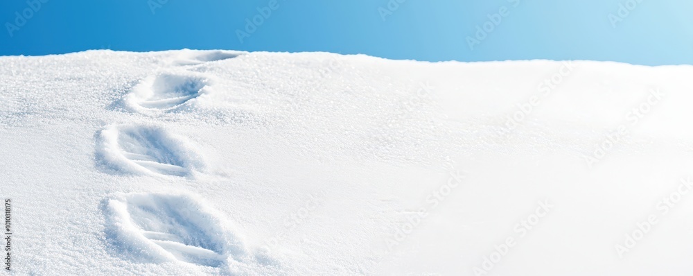 Obraz premium A serene winter landscape featuring fresh footprints in the snow against a vibrant blue sky.
