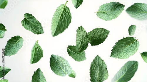 Fresh spearmint leaves in mid-fall, delicately tumbling and rotating, isolated against a crisp white background.