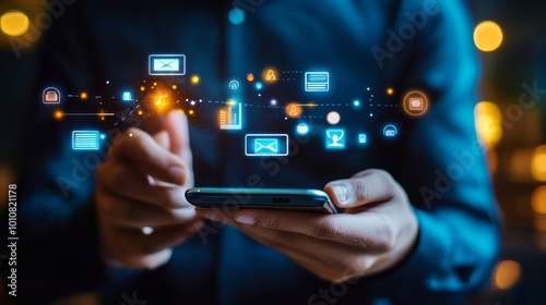 Customer support hotline Contact us people connection. Businessman using Smart Phone with the email, call phone, address, Chat message icons. 