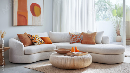 Cozy Living Room, Modern Interior Design, Warm Toned Decor, Soft Curved Furniture, Scandinavian Style, Minimalist Comfort, Relaxing Lounge Space, Bright Natural Lighting, generativeAi illustration