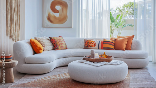 Cozy Living Room, Modern Interior Design, Warm Toned Decor, Soft Curved Furniture, Scandinavian Style, Minimalist Comfort, Relaxing Lounge Space, Bright Natural Lighting, generativeAi illustration