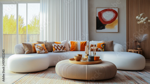 Cozy Living Room, Modern Interior Design, Warm Toned Decor, Soft Curved Furniture, Scandinavian Style, Minimalist Comfort, Relaxing Lounge Space, Bright Natural Lighting, generativeAi illustration