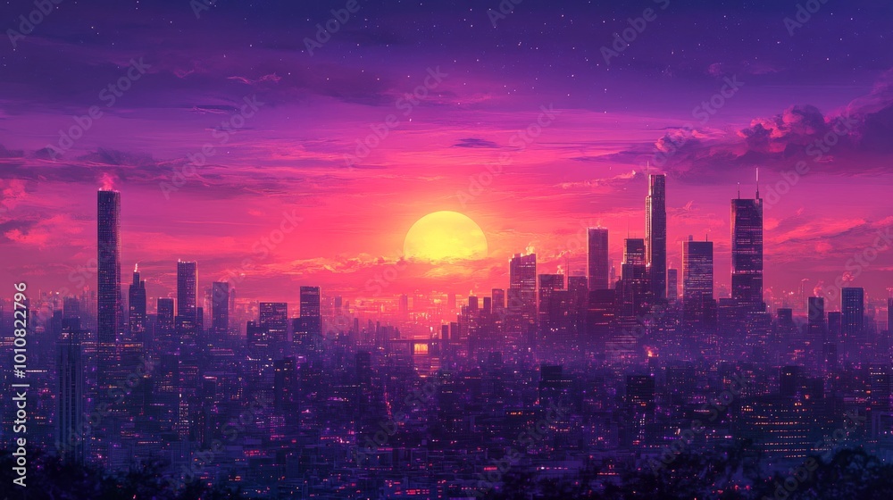Fototapeta premium Futuristic Sunset over Vibrant Cityscape