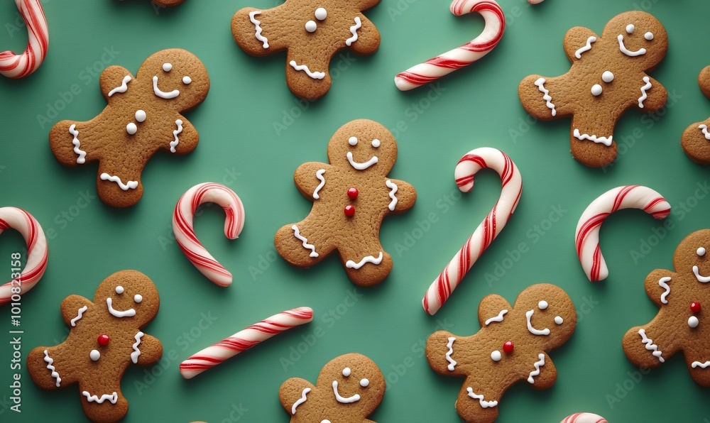 A green background with a pattern of gingerbread men and candy canes A green background with a pattern of gingerbread men and candy canes