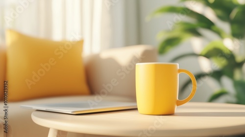 A bright yellow mug on a coffee table beside a laptop in a cozy, sunlit living room with green plants and soft decor.