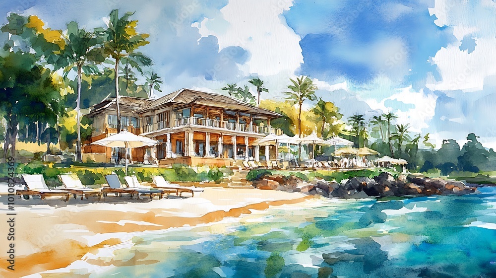 Obraz premium Watercolor painting of a tropical beach house with palm trees and ocean.