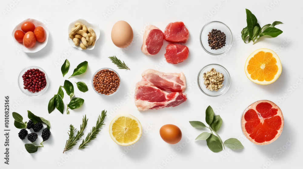 variety of fresh and healthy foods neatly arranged on a white background variety of fresh and healthy foods neatly arranged on a white background