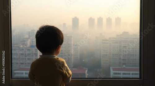 A child gazes out a foggy window at a city skyline, evoking curiosity and contemplation.