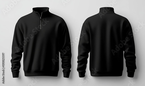 Blank black quarter zip sweater mockup, front and back view