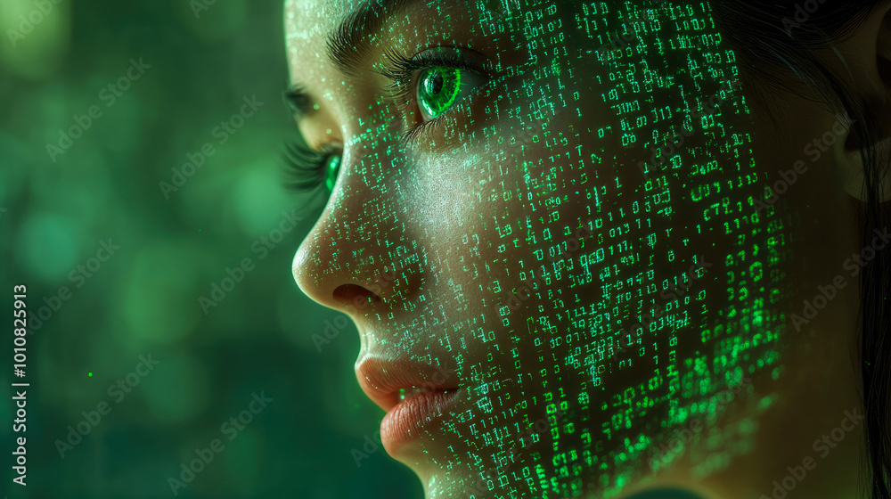 A side profile illustration depicts green digital code streaming across the face, representing data and virtual realities. A side profile illustration depicts green digital code streaming across the face, representing data and virtual realities.