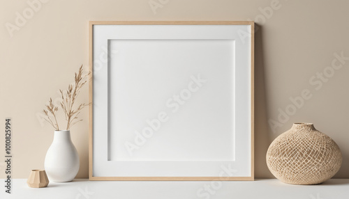 Mock up frames on a table in a beautifully decorated room, featuring home furniture, living space in a modern house or apartment