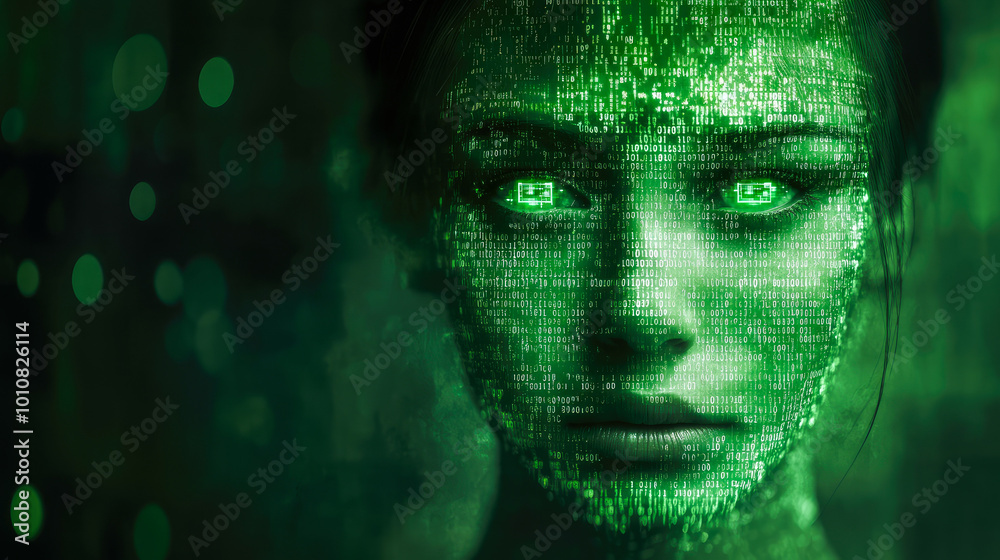 The digital pattern covers a face, focused eyes pierce through, conveying an immersive experience entangled with technology. The digital pattern covers a face, focused eyes pierce through, conveying an immersive experience entangled with technology.