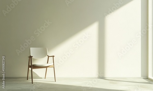 Minimalist scene of a single chair in an empty room, with soft light from a nearby window creating a peaceful, contemplative atmosphere