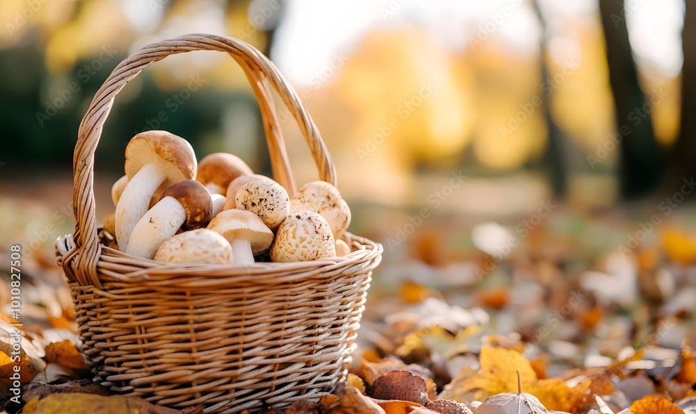 Wicker basket full of various kinds of mushrooms, Generative AI Wicker basket full of various kinds of mushrooms, Generative AI