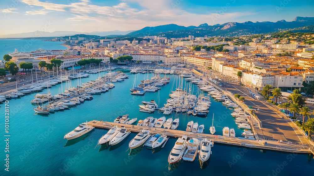 Fototapeta premium Aerial view of the Old Harbor in Cannes, with boats lined up along the coast , Cannes, Cote d'Azur, France