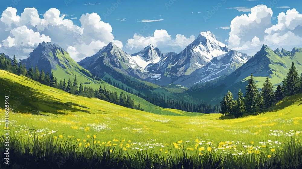 Fototapeta premium Vibrant mountain landscape with snowy peaks under a brightly lit sky and lush green meadows