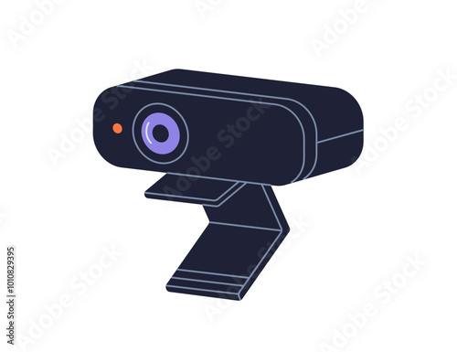 Webcam device for video streaming and online communication. Digital camera for live calls. Web cam, computer equipment, digital technology. Flat vector illustration isolated on white background