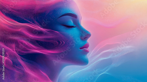 A colorful profile of a face with flowing hair, symbolizing the blend of human imagination and digital art, surreal and vivid.