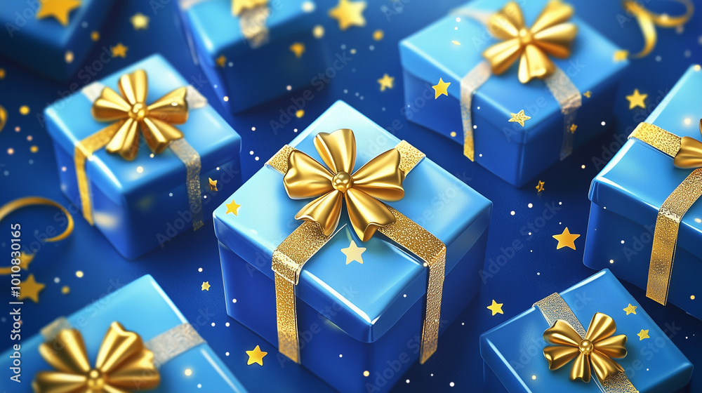 Generative AI illustration of blue gifts with golden bows and ribbons placed on blue background near stars
