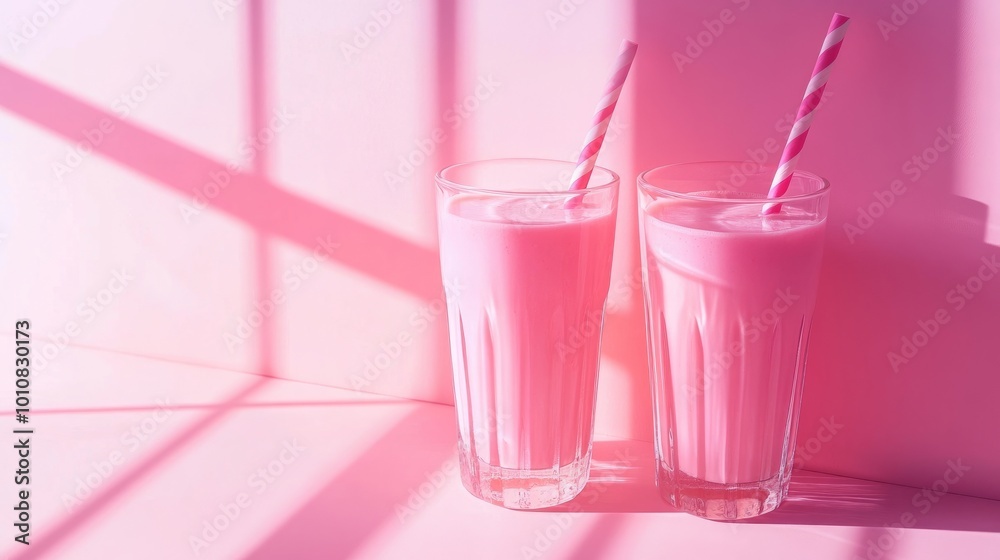 Vibrant milkshake glasses with matching straws against a pink background, soft natural light coming from a clear window
