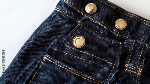 Closeup of blue denim jeans waistband with gold metal buttons.