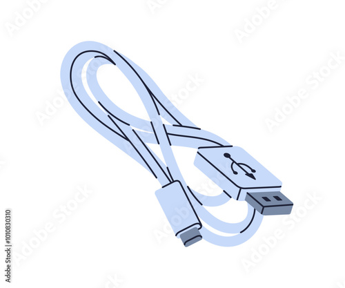 USB cable for charging, connecting devices. Coiled cord with adapter and type C connector for phones, computers. Tech power accessory, equipment. Flat vector illustration isolated on white background