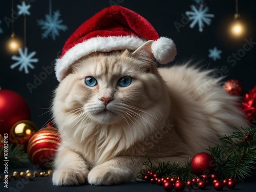 fluffy cat in a suit and a Santa Claus hat in a New Year's atmosphere against the background of a Christmas tree greeting card