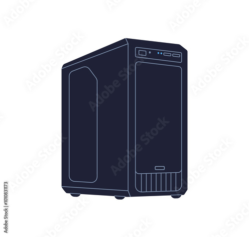 Computer system unit, desktop tower case, PC hardware icon. Modern tech equipment, device. Server, workstation, technology. Flat graphic vector illustration isolated on white background