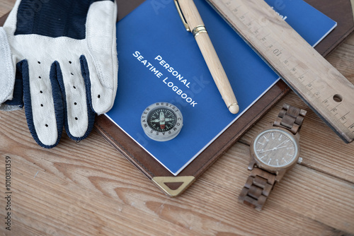 blue Personal Seatime Logbook, Sailing Leather Gloves without fingertips for marine enthusiasts. Seafarer documentation, compass, yacht captain accessories, adventure at sea photo