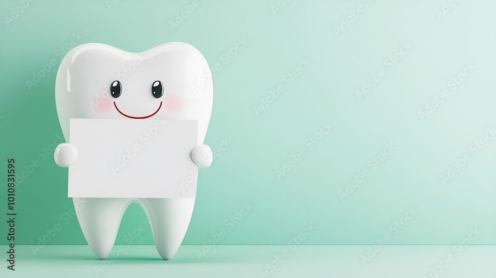 Cute smiling shiny Tooth holding a white sheet with empty space for layout, perfect for adding promotional text. Light green studio background with copy space. dental advertising Cute smiling shiny Tooth holding a white sheet with empty space for layout, perfect for adding promotional text. Light green studio background with copy space. dental advertising