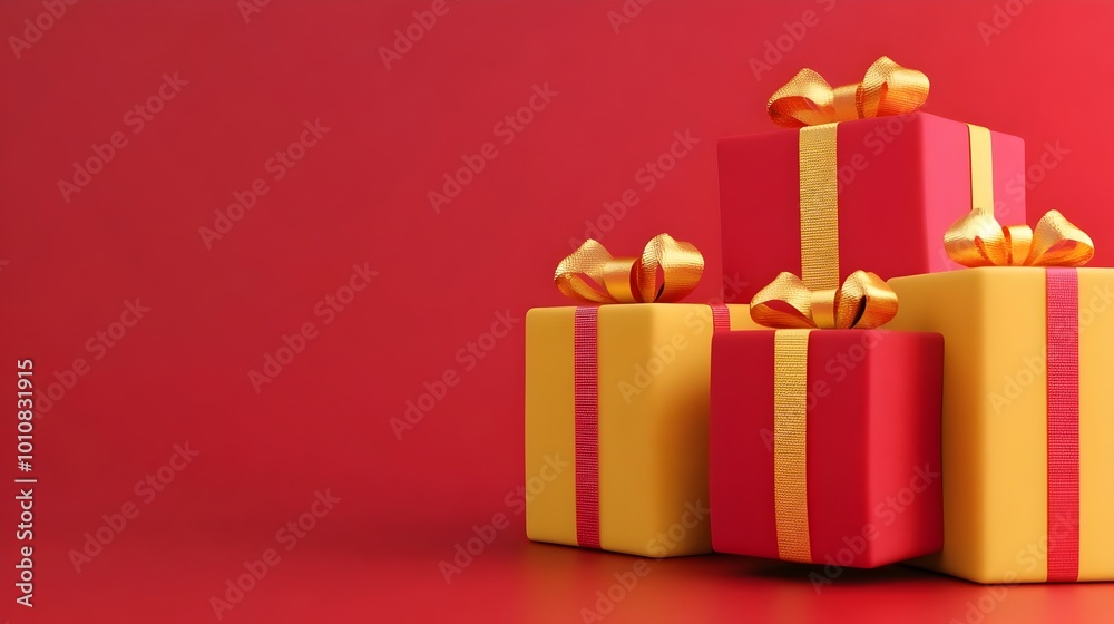 Christmas and New Year gifts on red background. 3D creative Yellow & Red Gift Box. 3D red,yellow gift boxes with ribbon in gold . 3D rendering of a modern holiday surprise box. copy space texture conc Christmas and New Year gifts on red background. 3D creative Yellow & Red Gift Box. 3D red,yellow gift boxes with ribbon in gold . 3D rendering of a modern holiday surprise box. copy space texture conc