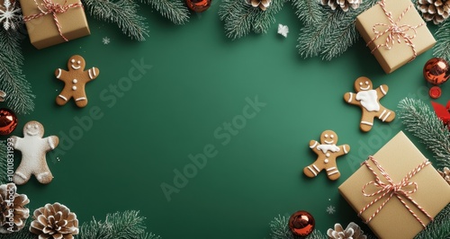 Green background with Christmas decorations and gift boxes, white gingerbread man figures scattered around the border of the green background, flat lay, top view photo