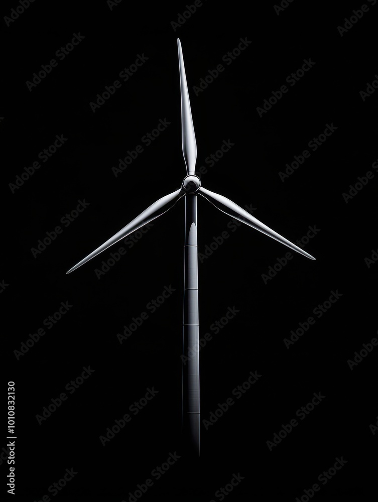 A white wind turbine standing out against a completely black background, highlighting the simplicity and elegance of renewable energy technology. A white wind turbine standing out against a completely black background, highlighting the simplicity and elegance of renewable energy technology.