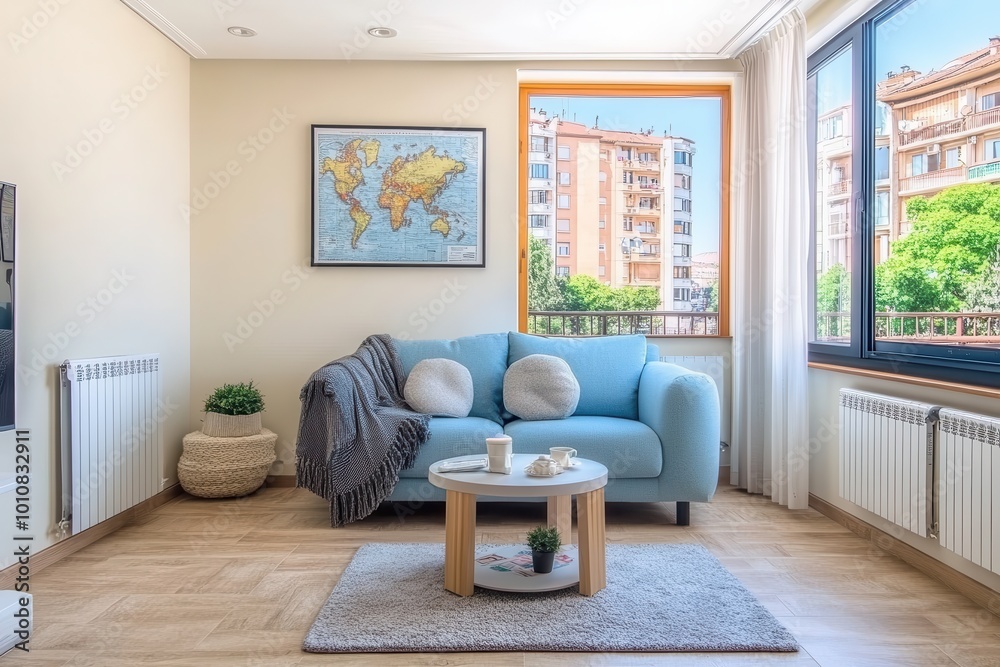 Fototapeta premium Sunlit living room with a blue sofa, map artwork, and city view.