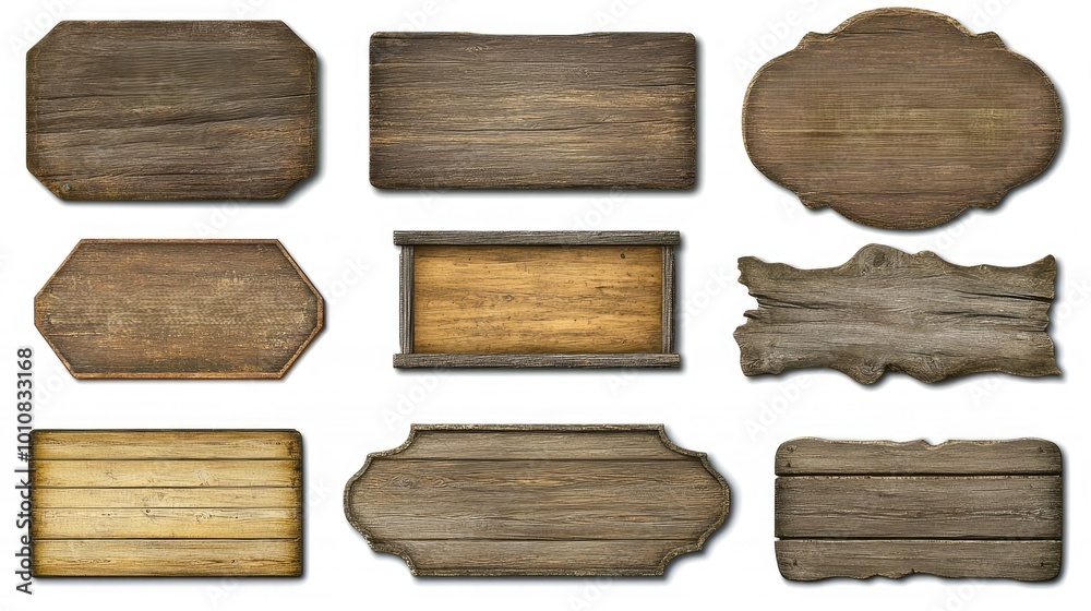 Collection of nine wooden signs isolated on white background, perfect for adding text or images. Collection of nine wooden signs isolated on white background, perfect for adding text or images.