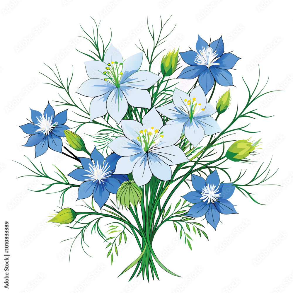 Floral Bunch with Love in a Mist Vector on White Background Featuring Elegant Delicate Flowers Floral Bunch with Love in a Mist Vector on White Background Featuring Elegant Delicate Flowers